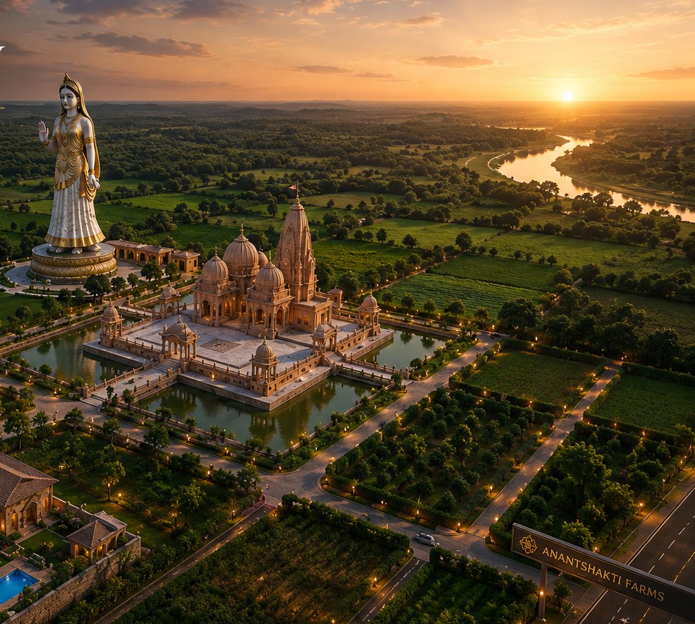 Grand statue and temple complex at Anant Shakti Farms